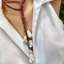 Load image into Gallery viewer, Pink Tourmaline &amp; two Large Baroque Pearls Lariat Necklace, October Birthstone
