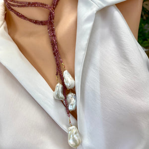 Pink Tourmaline & two Large Baroque Pearls Lariat Necklace, October Birthstone