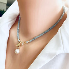 Cargar imagen en el visor de la galería, Aquamarine Toggle Necklace with Tiny Baroque Pearl Pendant, Gold Plated, March Birthstone. 16&quot;in
