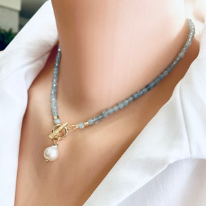 Aquamarine Toggle Necklace with Tiny Baroque Pearl Pendant, Gold Plated, March Birthstone. 16"in