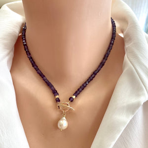 Amethyst Toggle Necklace with Baroque Pearl Pendant, Gold Plated, February Birthstone, 16"in