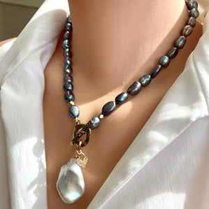 Black Pearl Toggle Necklace w White Baroque Pearl Pendant & Heart Charm, Gold Bronze, 18"in