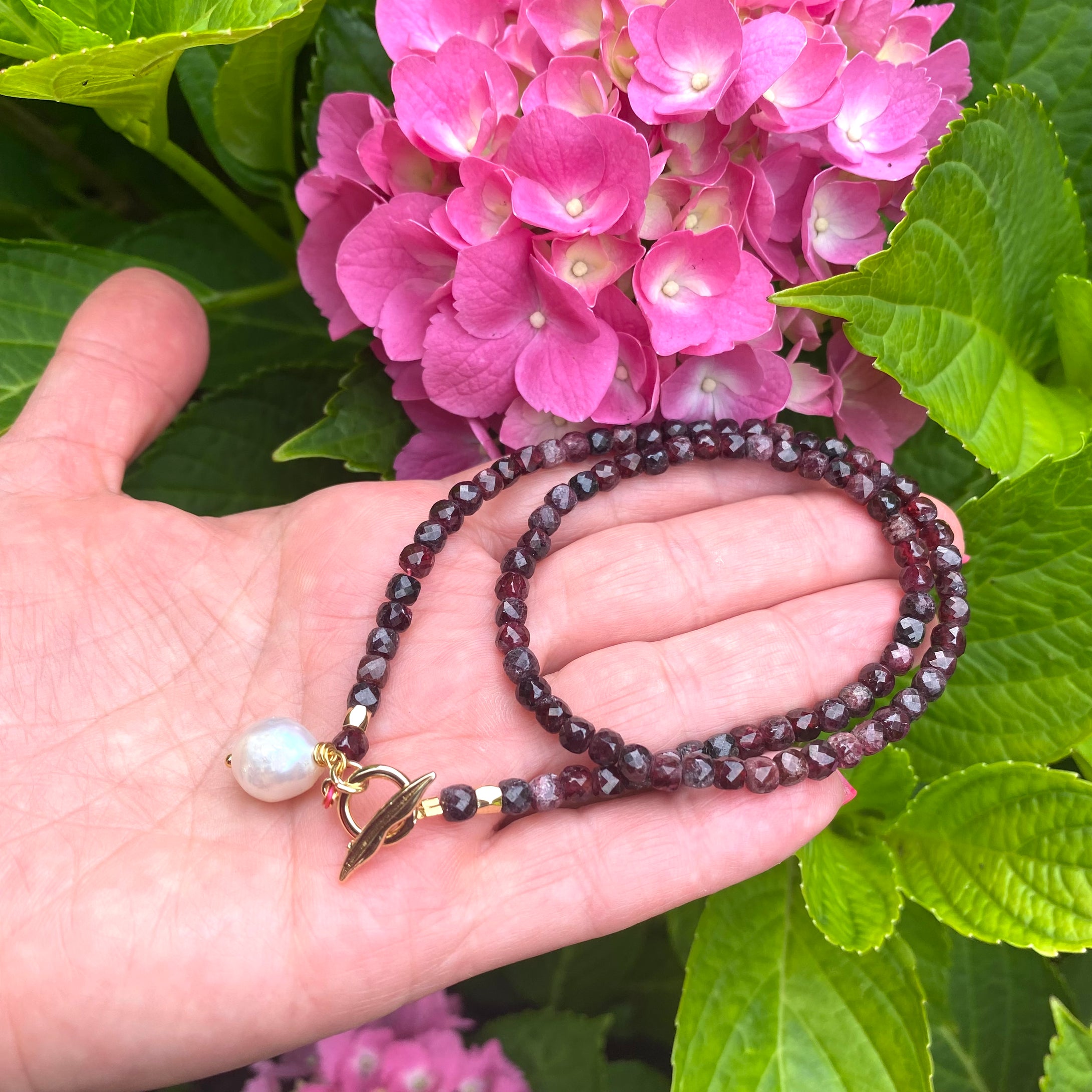 Garnet Toggle Necklace & Baroque Pearl Charm