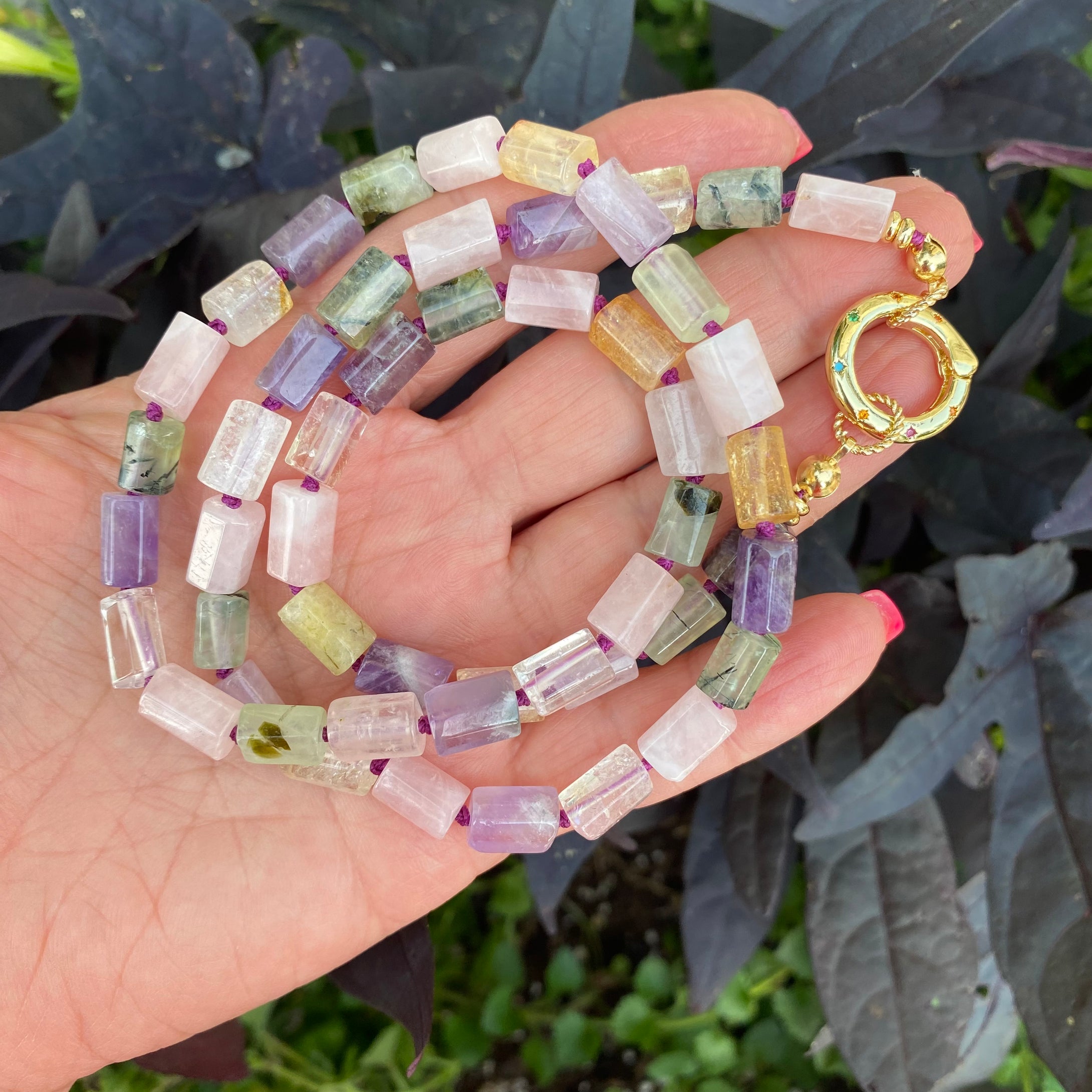 Rose Quartz, Amethyst, Citrine & Prehnite Mixed Gemstone Necklace