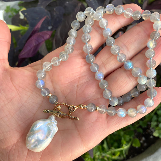 LIVE #18 & #19 - Labradorite & Baroque Pearl Pendant Necklace