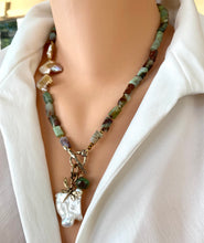 Load image into Gallery viewer, Genuine Chrysoprase Necklace, Dragonfly Charm &amp; Large Baroque Keshi Pearl Pendant, Gold Bronze and Gold filled Details, 20&quot;in
