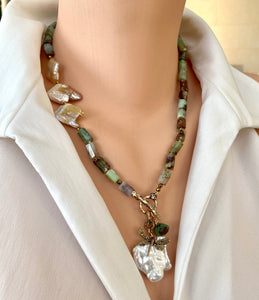 Chrysoprase Necklace, Dragonfly Charm & Baroque Pearl Pendant, Gold Bronze, Gold filled, 20"in
