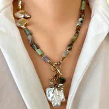 Load image into Gallery viewer, Chrysoprase Necklace, Dragonfly Charm &amp; Baroque Pearl Pendant, Gold Bronze, Gold filled, 20&quot;in
