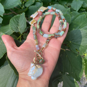 Chrysoprase Necklace, Dragonfly Charm & Baroque Pearl Pendant, Gold Bronze, Gold filled, 20"in
