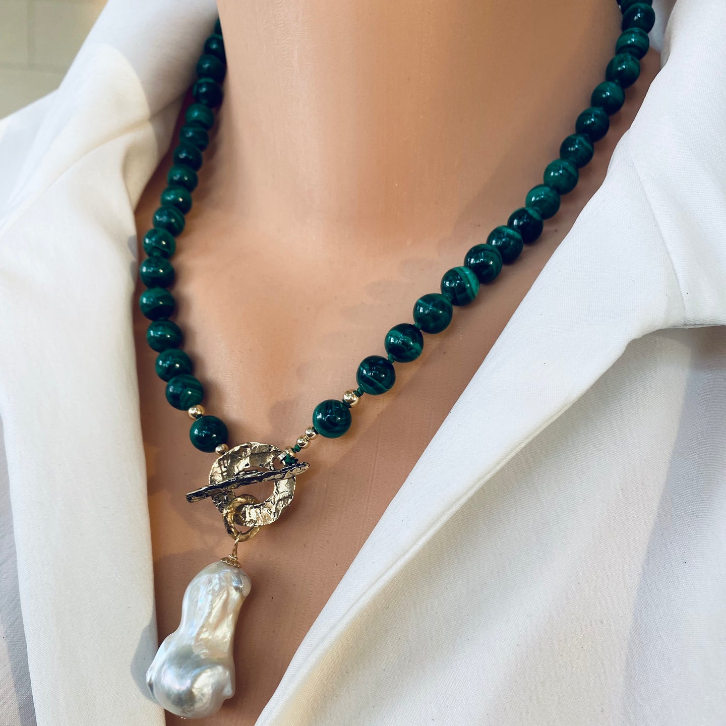 Malachite Toggle Necklace with Large Freshwater Baroque Pearl Pendant, Artisan Gold Bronze & Gold Filled Details, 19.5