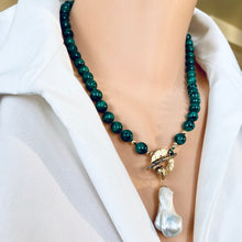 Load image into Gallery viewer, Malachite Toggle Necklace with Large Freshwater Baroque Pearl Pendant, Artisan Gold Bronze &amp; Gold Filled Details, 19.5&quot;in
