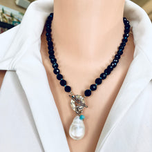 Load image into Gallery viewer, Black Tourmaline Toggle Necklace with Large Baroque Pearl Pendant, Artisan Gold Bronze &amp; Gold Filled Details, 18.5&quot;in

