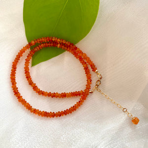 Bright Orange Carnelian Beaded Choker Necklace, Gold Filled Details, 16"inch