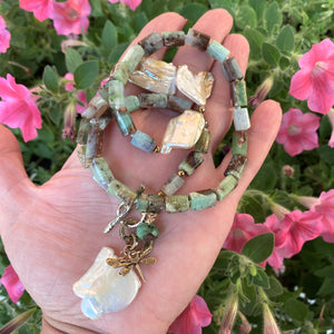 Genuine Chrysoprase Necklace, Dragonfly Charm & Large Baroque Keshi Pearl Pendant, Gold Bronze and Gold filled Details, 20"in