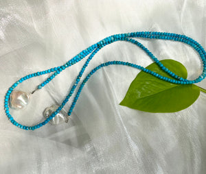 Turquoise Rondelle Beads & Two Baroque Pearls Lariat Wrap Necklace, Sterling Silver, December Birthstone 44"inches