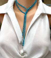 Load image into Gallery viewer, Turquoise Rondelle Beads &amp; Two Baroque Pearls Lariat Wrap Necklace, Sterling Silver, December Birthstone 44&quot;inches
