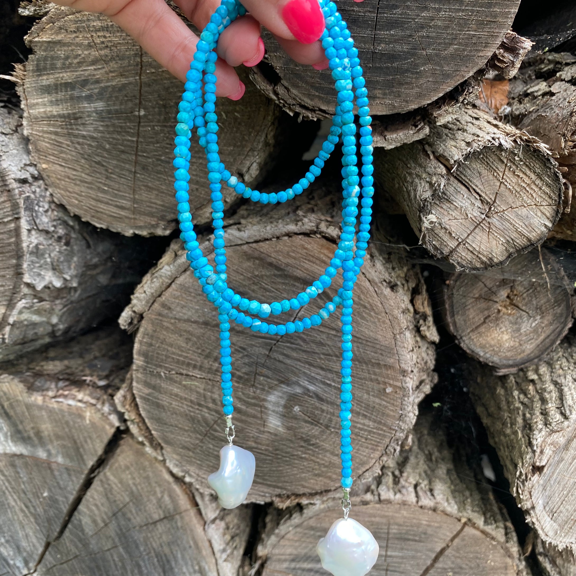 Turquoise & Two Baroque Pearls Lariat Wrap Necklace