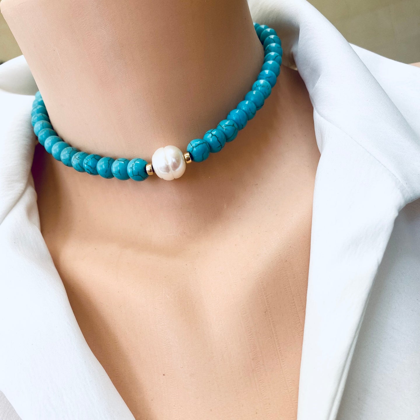 Turquoise Howlite with Fresh Water Pearl Choker Necklace, Gold Filled, Summer Jewelry, 14