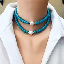 Cargar imagen en el visor de la galería, Turquoise with Fresh Water Pearl Choker Necklace, Gold Filled, Summer Jewelry, 14&quot;or 15&quot;inches
