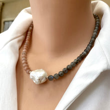 Cargar imagen en el visor de la galería, Sunstone and Labradorite Necklace with A White Baroque Pearl, Sterling Silver Beads and Closure
