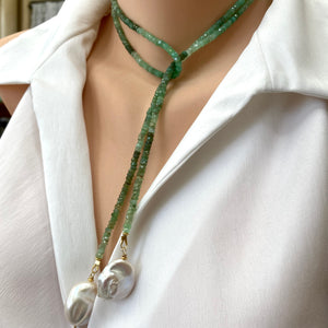 Shaded Green Chrysoprase Rondelle Beads & Two Baroque Pearls Lariat Wrap Necklace, Gold Plated silver, 42"In