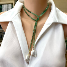 Cargar imagen en el visor de la galería, Shaded Green Chrysoprase Rondelle Beads &amp; Two Baroque Pearls Lariat Wrap Necklace, Gold Plated silver, 42&quot;In

