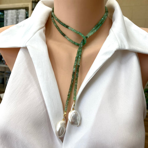 Single strand lariat wrap necklace featuring shaded green chrysoprase rondelle beads and two baroque pearls. The necklace is 42 inches long with gold-plated silver details, offering a versatile and elegant design for women.