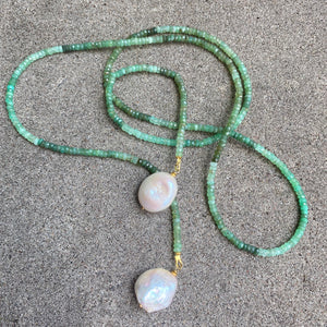 Shaded Green Chrysoprase Rondelle Beads & Two Baroque Pearls Lariat Wrap Necklace, Gold Plated silver, 42"In