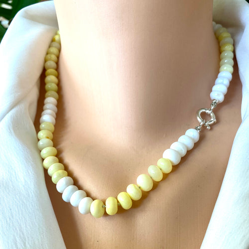 Shaded Yellow white smooth opal candy necklace with sterling silver marine closure, measuring 18 inches. This modern opal jewelry piece features soft yellow tones up to white  and is a perfect gift for her.