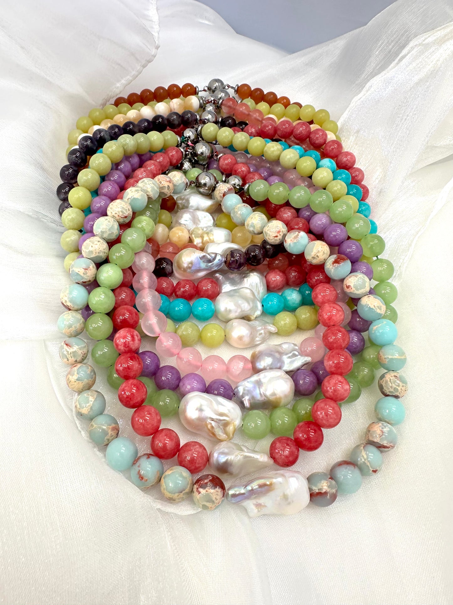 Jade & Gemstone Necklace with Baroque Pearl Center, 16.5" Magnetic Clasp