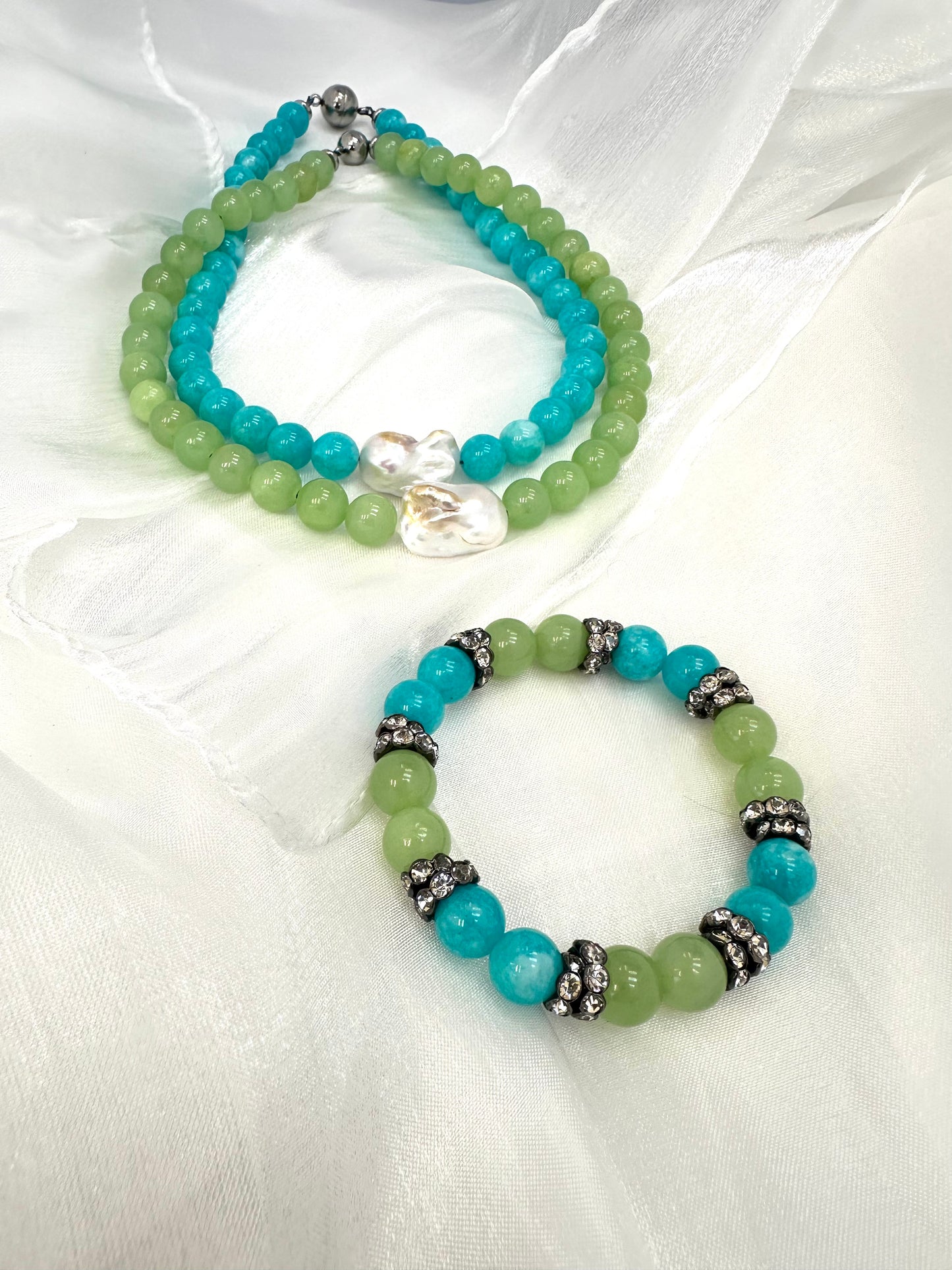 Jade & Gemstone Necklace with Baroque Pearl Center, 16.5" Magnetic Clasp