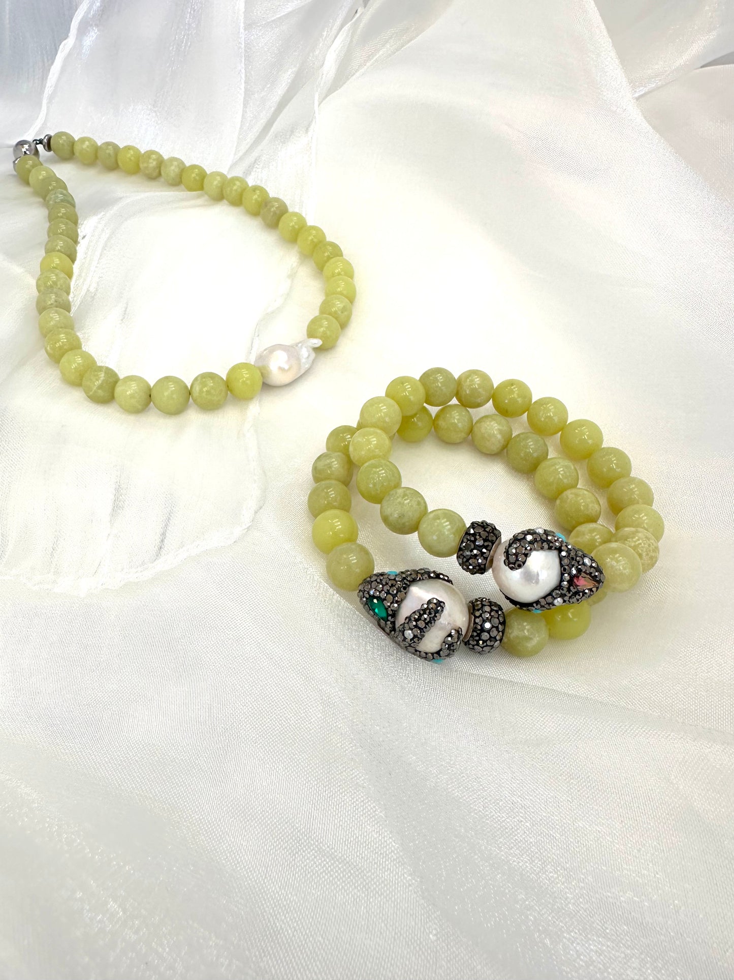 Jade & Gemstone Necklace with Baroque Pearl Center, 16.5" Magnetic Clasp