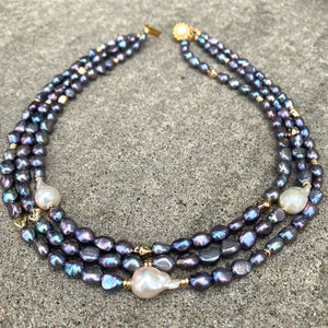 Layered Black Pearl Necklace with White Baroque Pearls, Gold Plated, 16"inches