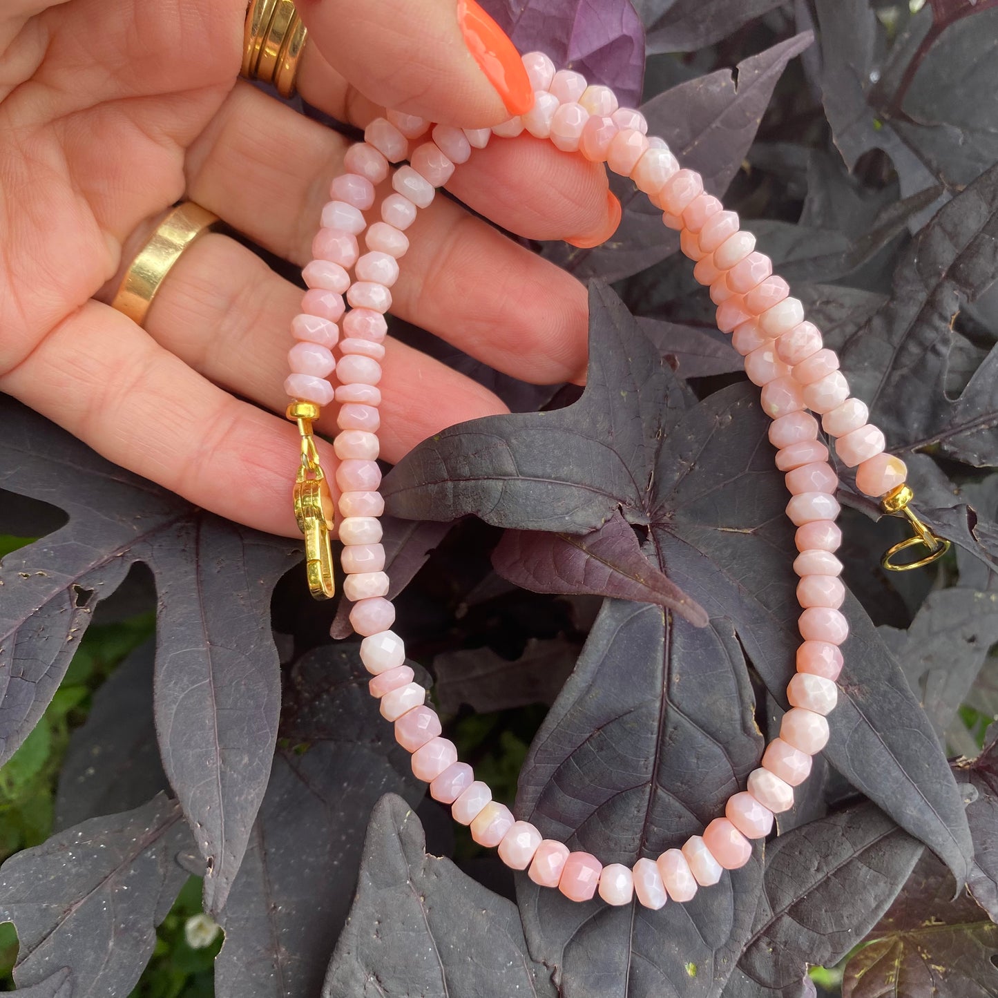 Pink opal short necklace close-up highlighting blush pink opal rondelle beads