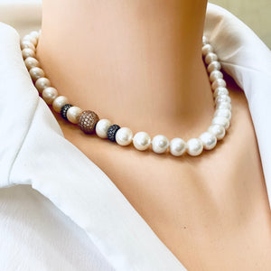 White Pearl Bridal Necklace, Rose Gold Vermeil and Black Rhodium Plated Silver Details, 17"in