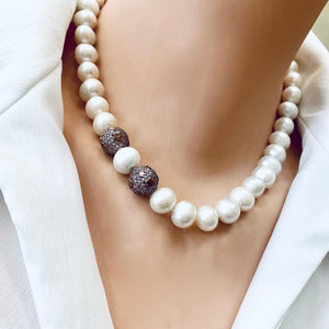 Stunning Short White Pearl Bridal Necklace with Rose Gold Plated Silver Elements and CZ Pave Accents, 16.5"inches