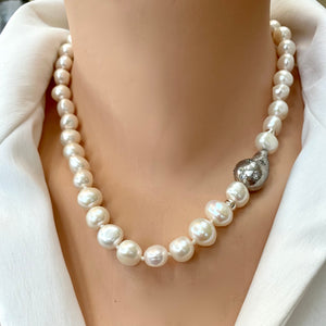 Elegant Hand-Knotted White Pearl Bridal Necklace with Sterling Silver Baroque Detail, 18"inches