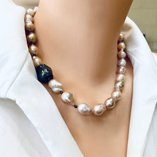 Charger l&#39;image dans la galerie, Pink Baroque Pearl Necklace with Unique Side Element, Black Rhodium Plated Silver Details, Natural Metallic Lustre, 18 inches
