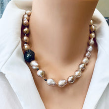 Charger l&#39;image dans la galerie, Pink Baroque Pearl Necklace with Unique Side Element, Black Rhodium Plated Silver Details, Natural Metallic Lustre, 18 inches
