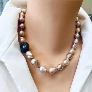 Pink Baroque Pearl Necklace with Unique Side Element, Black Rhodium Plated Silver Details, Natural Metallic Lustre, 18 inches