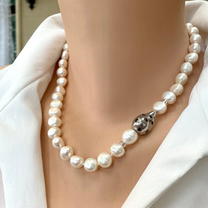 Breathtaking Bridal Pearl Necklace with Black Zircon and Sterling Silver Elements, 18"inches