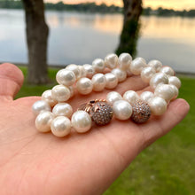 Load image into Gallery viewer, Stunning Short White Pearl Bridal Necklace with Rose Gold Plated Silver Elements and CZ Pave Accents, 16.5&quot;inches
