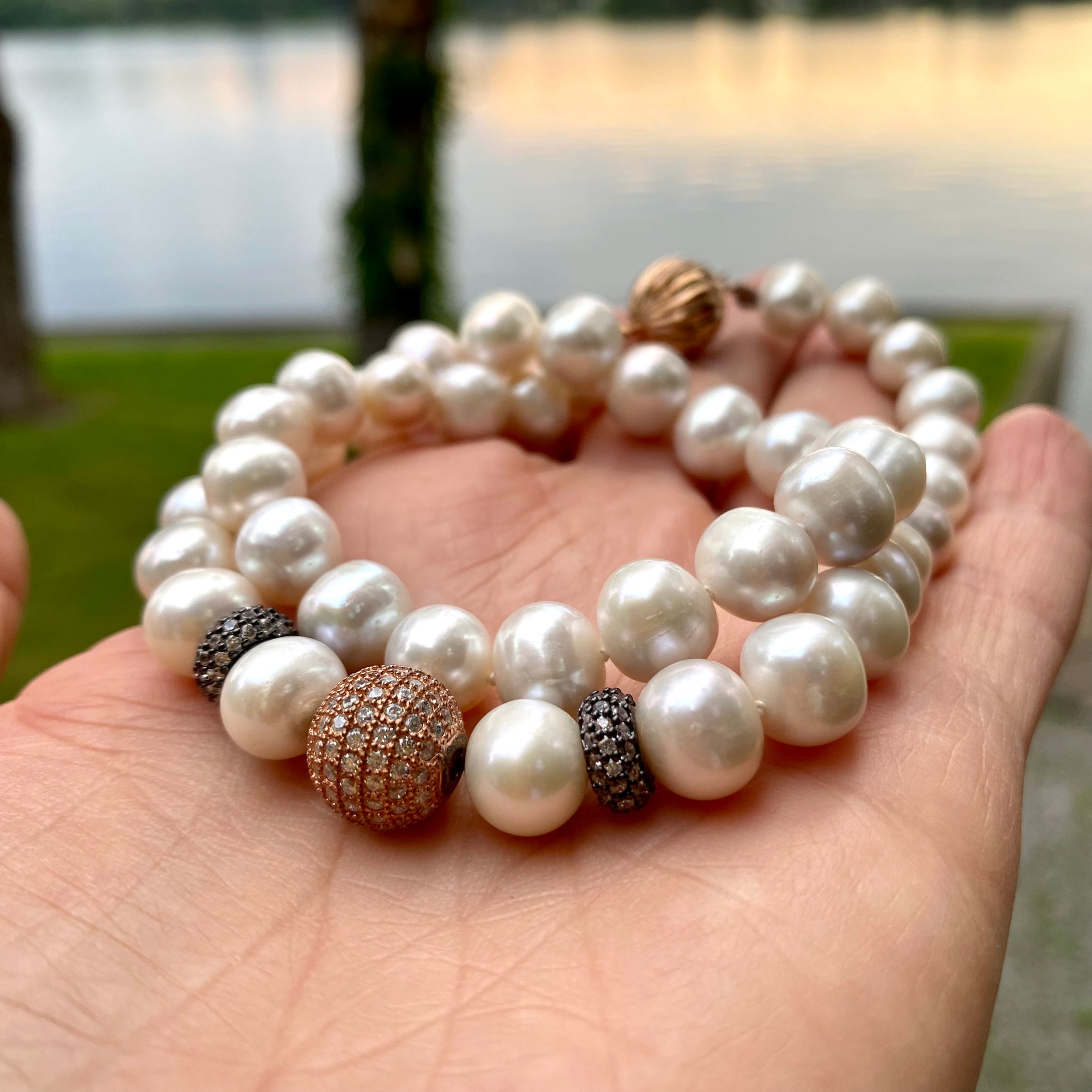 White Pearl Bridal Necklace, Rose Gold Vermeil and Black Rhodium Plated Silver Details, 17