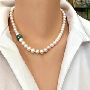 Classic White Pearls Necklace with Emerald Green Cubic Zirconia Pave Silver Ball Accent & Magnetic Clasp,18"in