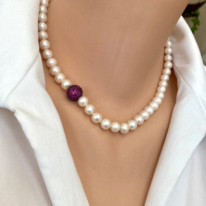 Elegant Freshwater White Pearls Necklace, Ruby Red CZ Pave Silver Ball Accent & Magnetic Clasp, 17.5"in