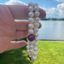 Load image into Gallery viewer, Elegant Freshwater White Pearls Necklace, Ruby Red CZ Pave Silver Ball Accent &amp; Magnetic Clasp, 17.5&quot;in
