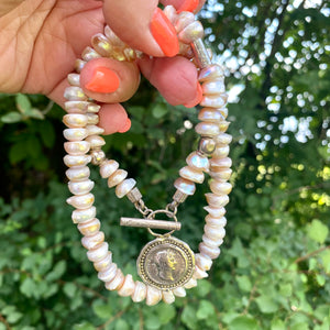 Vintage-Inspired Lavender Baroque Pearl Necklace, Sterling Silver Statement Jewelry with Repro Roman Coin Toggle Clasp, 20"In