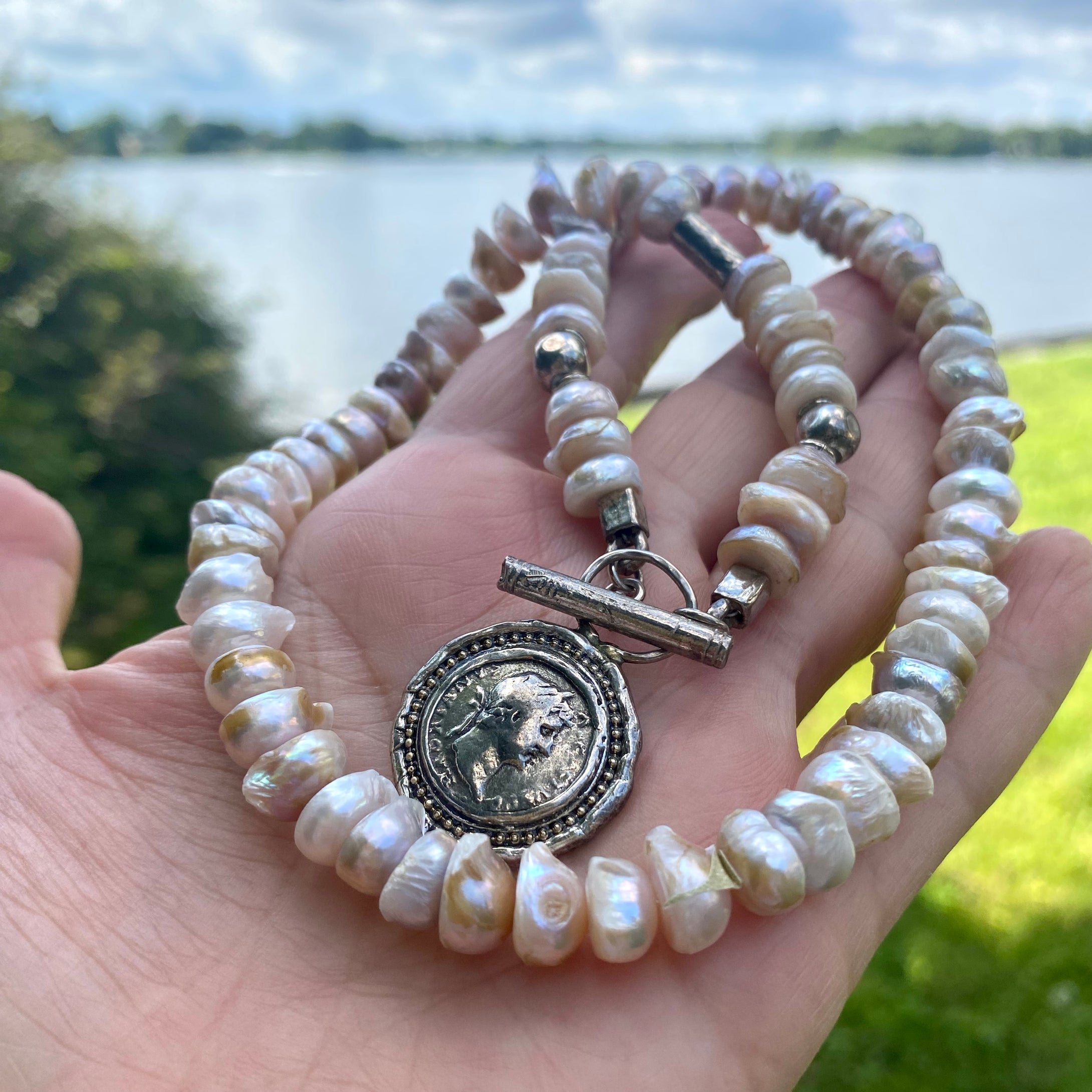 Vintage-Inspired Lavender Baroque Pearl Necklace, Sterling Silver Statement Jewelry with Repro Roman Coin Toggle Clasp, 20