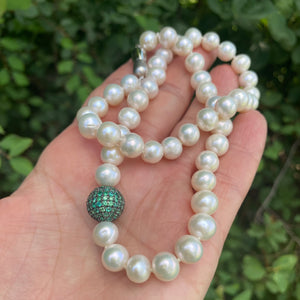 Classic White Pearls Necklace with Emerald Green Cubic Zirconia Pave Silver Ball Accent & Magnetic Clasp