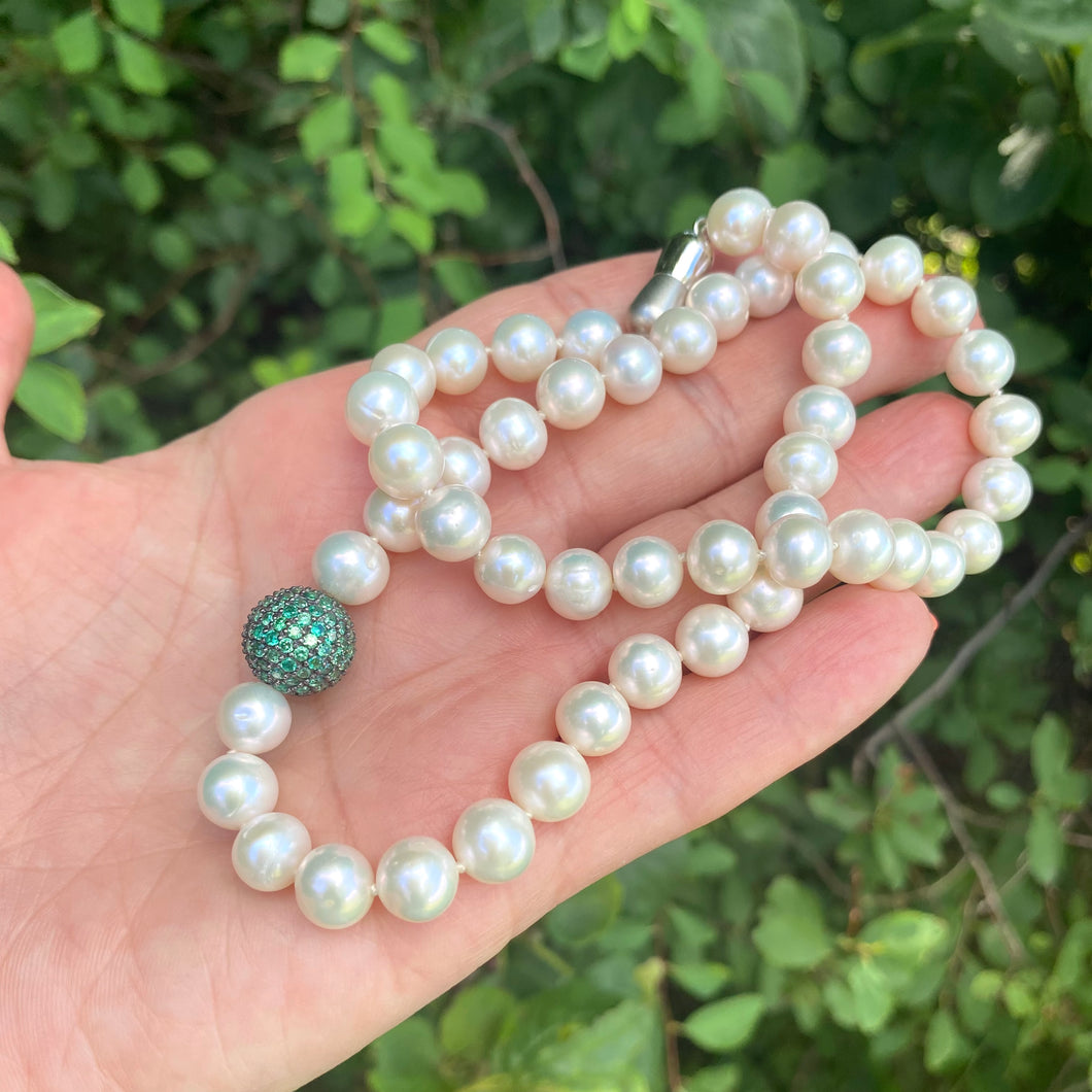 Classic White Pearls Necklace with Emerald Green Cubic Zirconia Pave Silver Ball Accent & Magnetic Clasp,18
